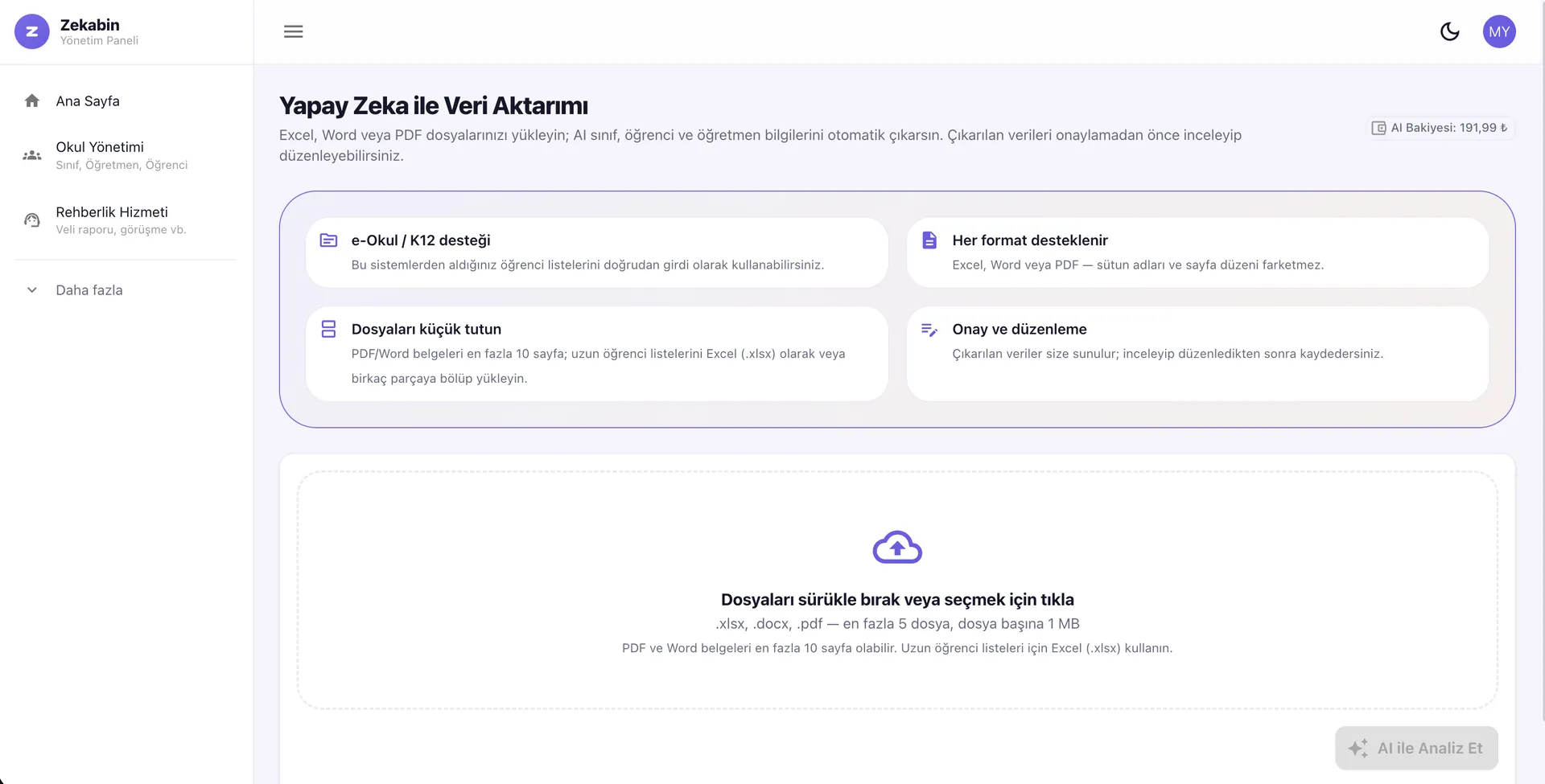 Yapay zekâ ile veri aktarımı ekranı — Excel/Word/PDF sürükle-bırak yükleme