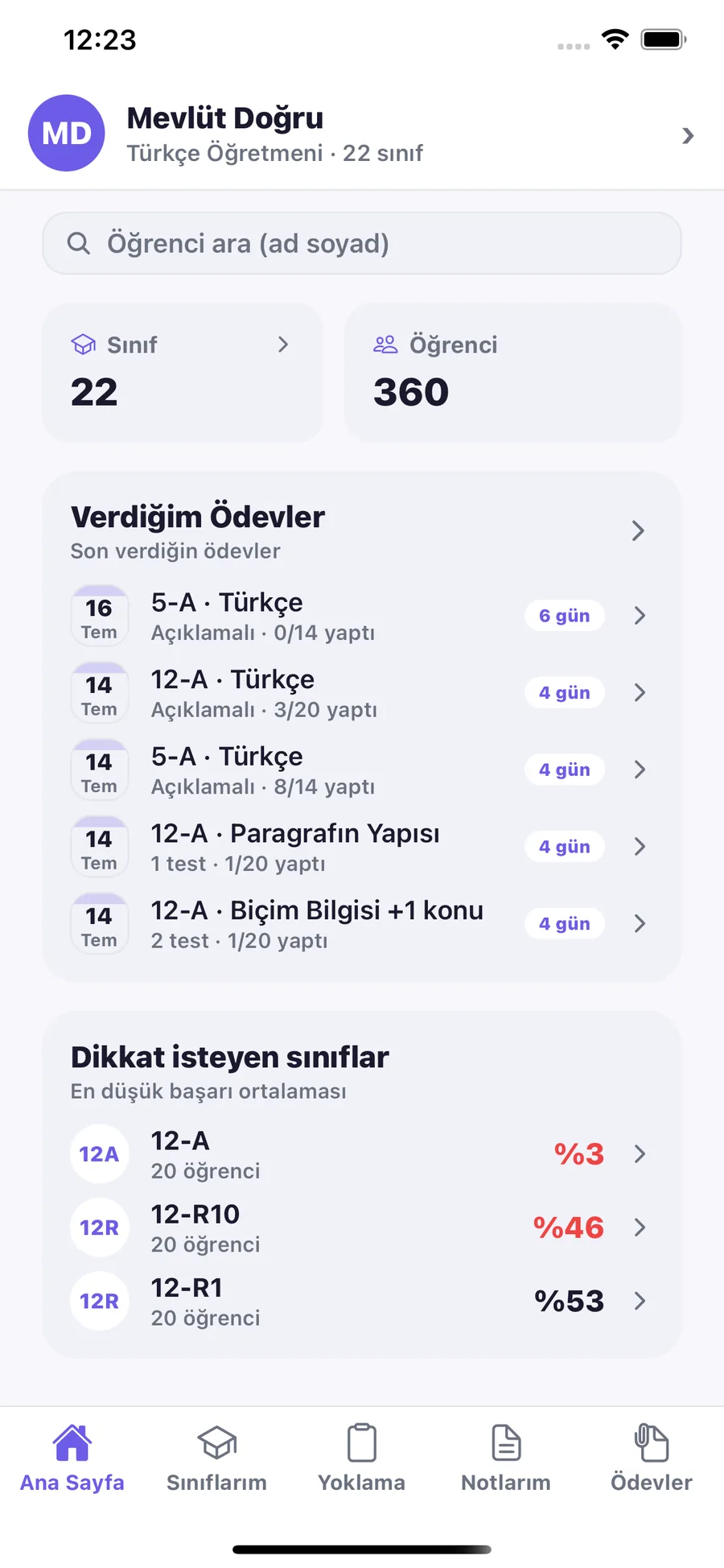 Zekabin Okul öğretmen mobil uygulaması ana ekranı