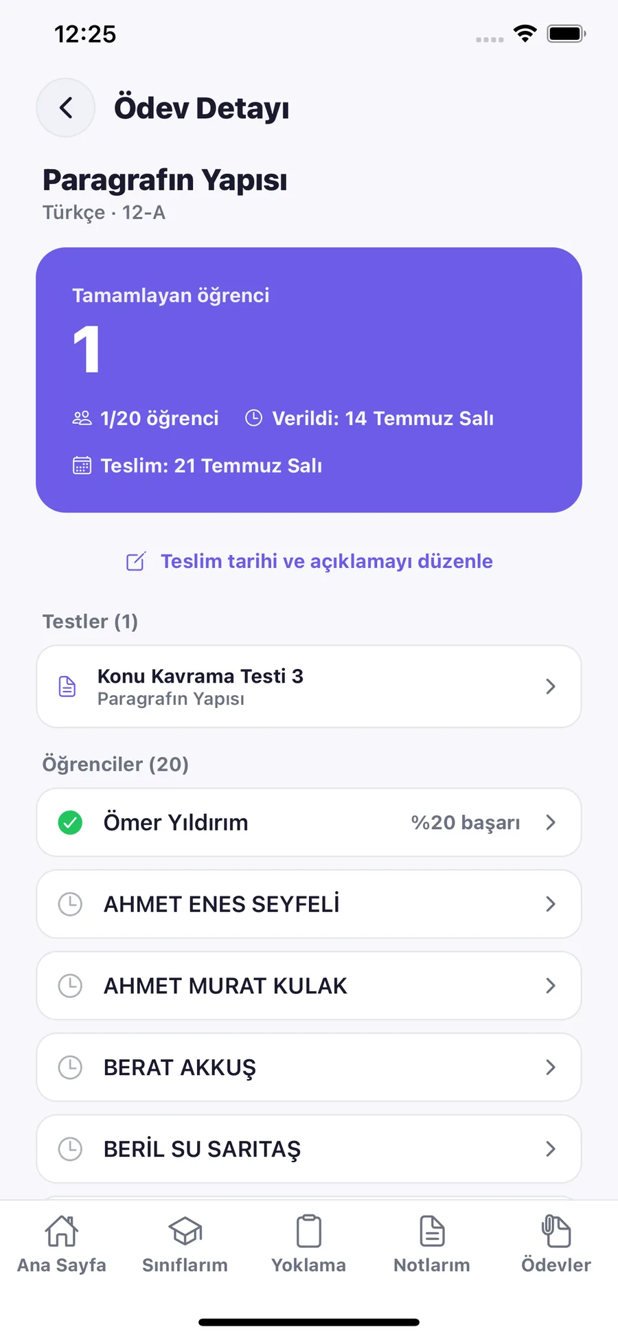 Öğretmen uygulaması — ödev takip ekranı, öğrenci başına doğru/yanlış/boş