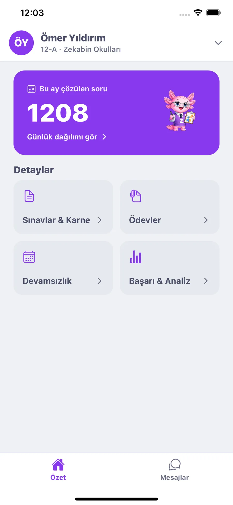 Veli uygulaması — ana ekran: bu ay çözülen soru, günlük dağılım ve sınav/ödev/devamsızlık/analiz kısayolları